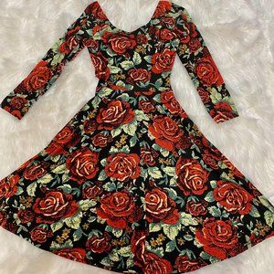 Rose Floral 3/4 Fit & Flare Cut Out Tie Babydoll